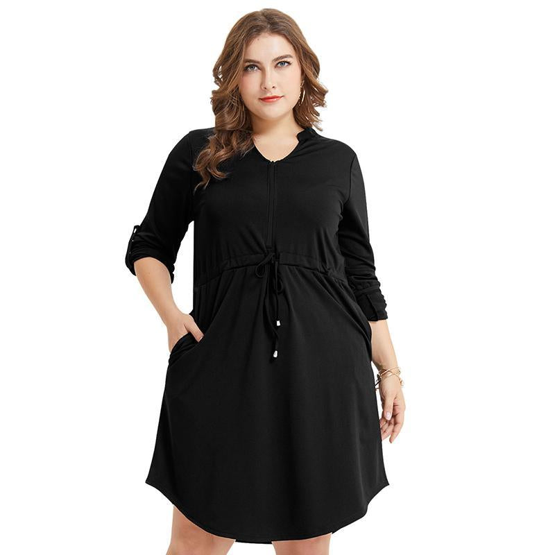 Plus Size Drawstring Solid Color Dress