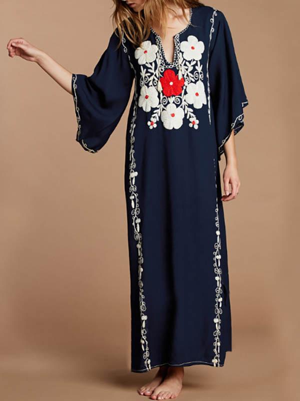 Embroidered Flared Sleeves Maxi Dress