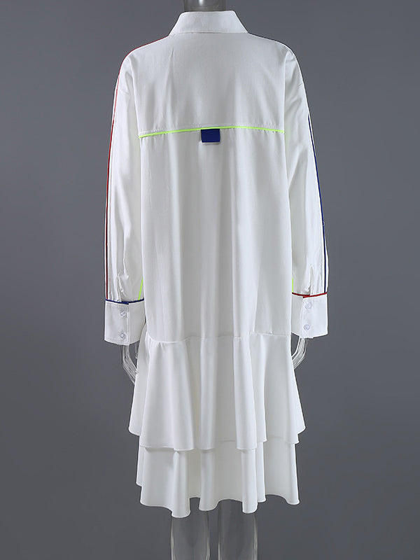 Original Falbala Pleated Split-Joint With Pocket Buttoned Lapel Collar Long Sleeves Midi Shirt Dress