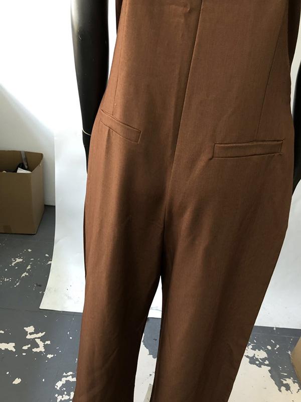Coffee Straps Long Pants Jumpsuits
