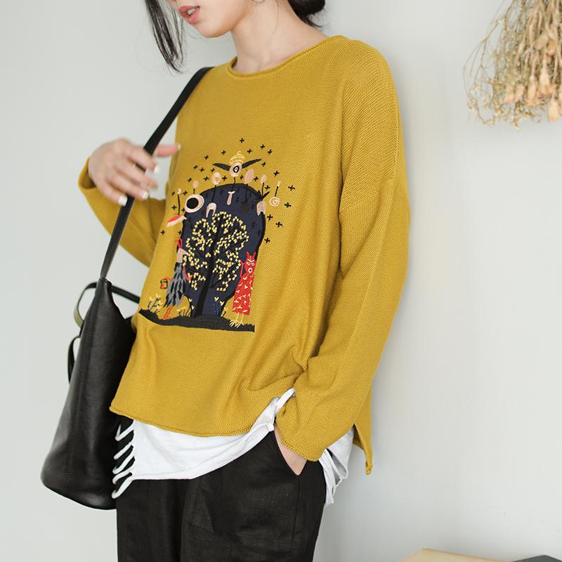 Buykud Casual Loose Embroidery Cartoon Pullover Blouse
