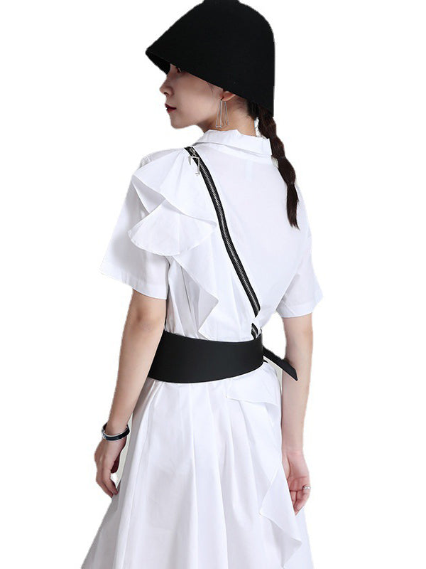 Stylish Irregular Split-Joint Falbala Buttoned Lapel Collar Short Sleeves Midi Dress