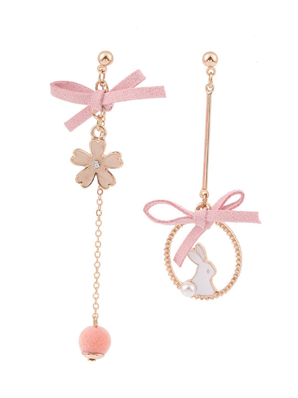 Cute Flower Rabbit Shape Bow-Embellished Asymmetric Earrings