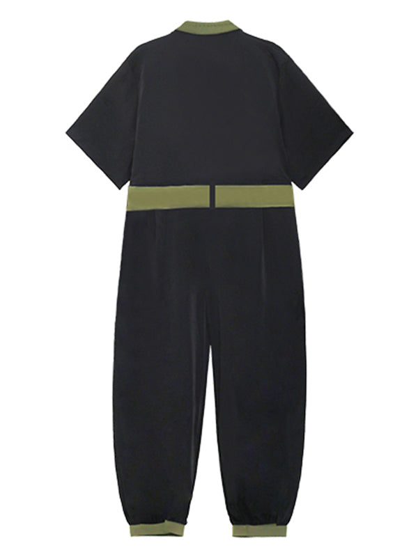 Stylish Belted Polo Collar Half Sleeve High-Waisted Jumpsuits