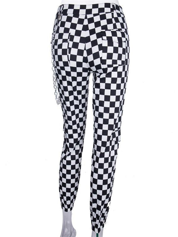 Contrast Color Black&White Plaid Loose Pants Bottoms