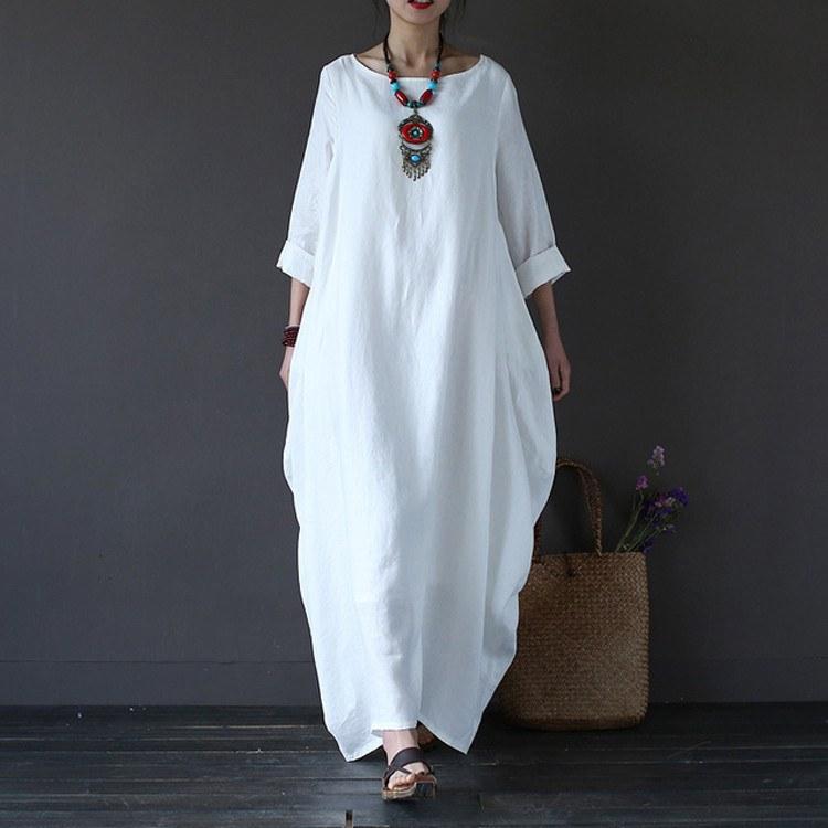 Women printing cotton linen loose dress