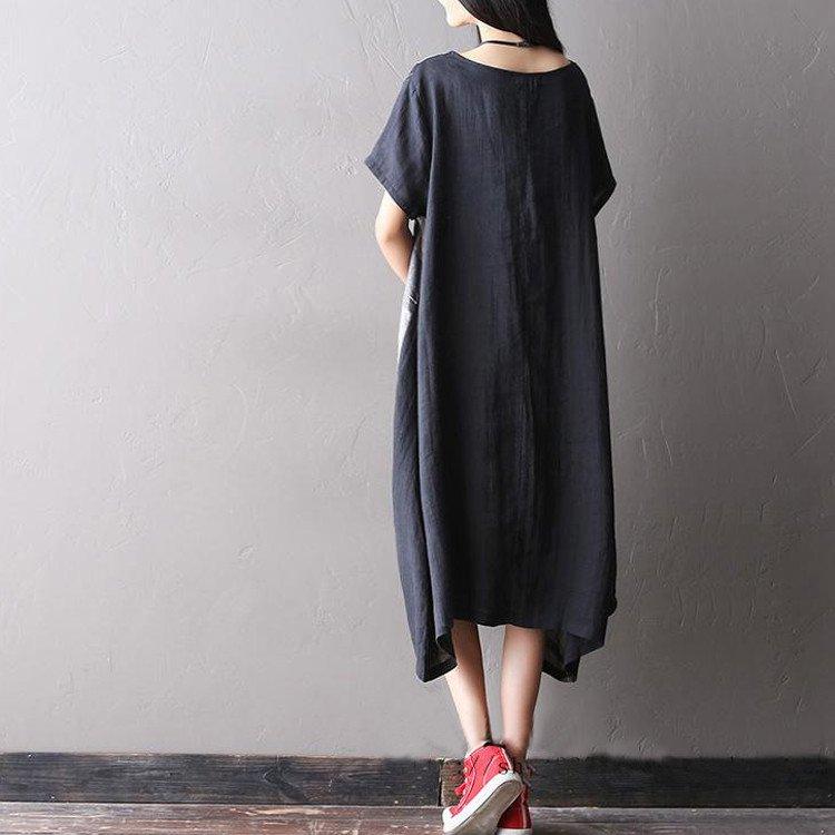 Women summer short sleeve loose cotton linen dress