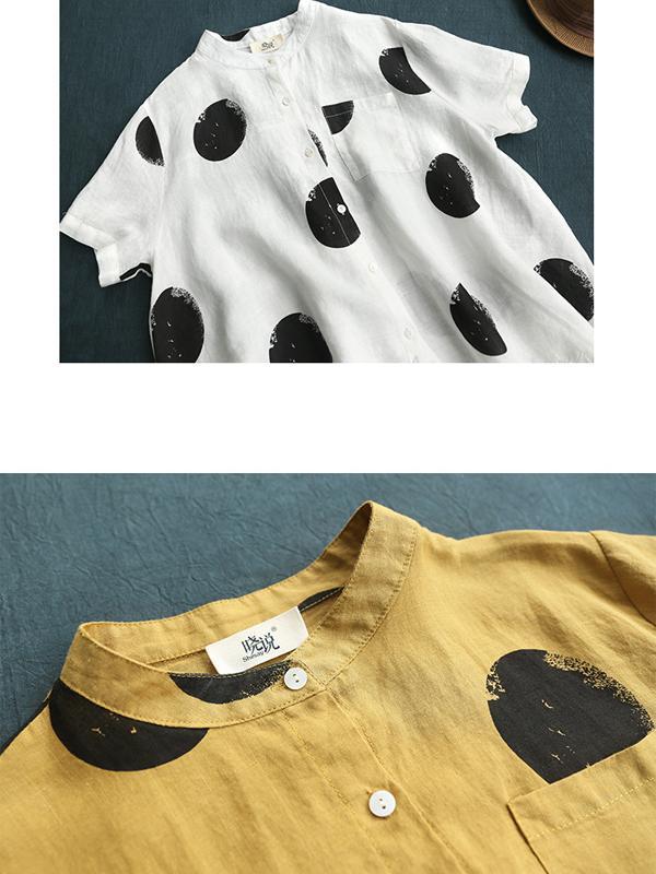 Dot Cotton Linen Short Sleeve Blouse M-3XL