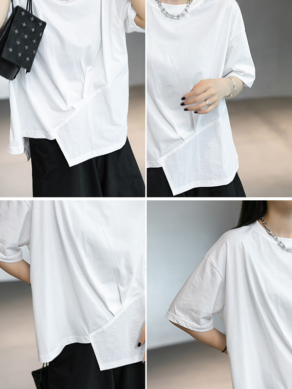 Stylish White Round-Neck Asymmetric Split-Joint T-Shirt