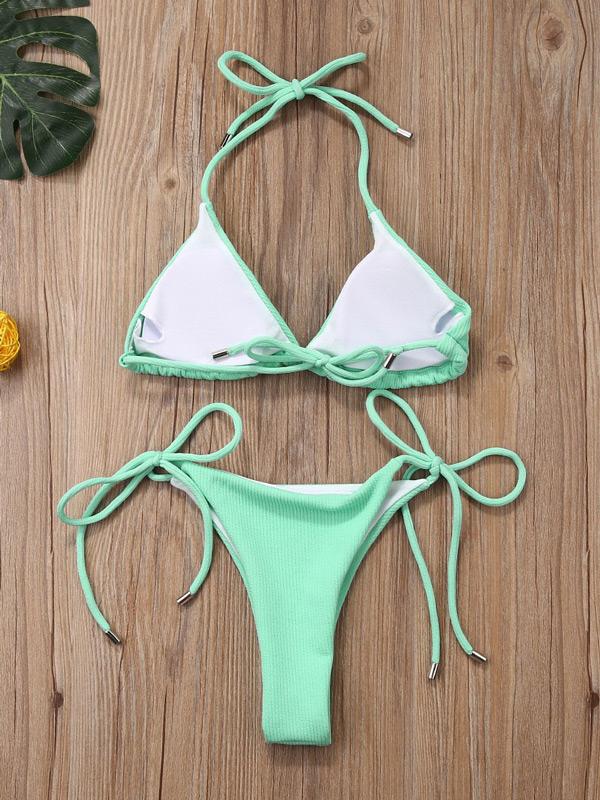 Solid Color Bandage Triangle Split Bikini Swimsuit