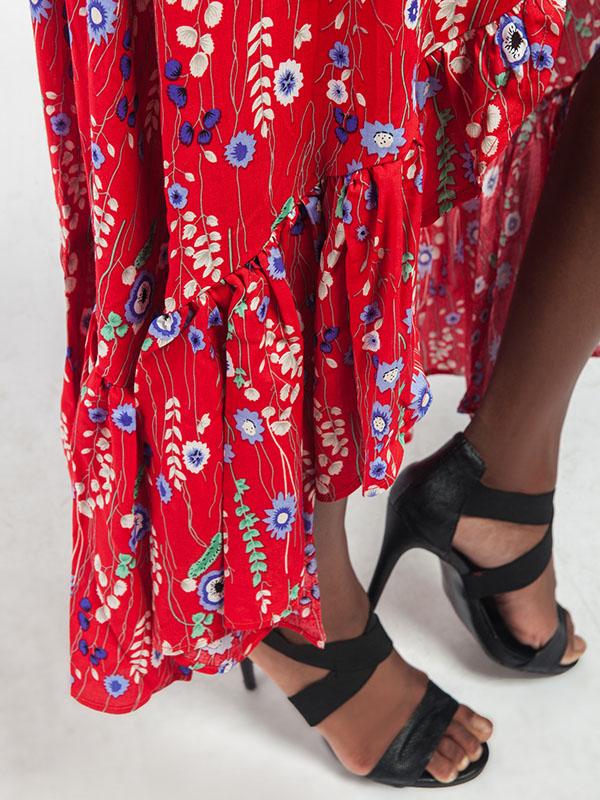 V-neck Floral Cut Irregular Hem Maxi Dress