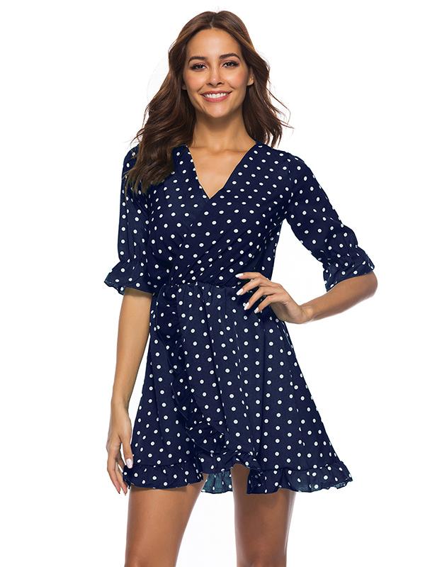 Fashion Ruffled Polka-Dot V-neck Mini Dresses
