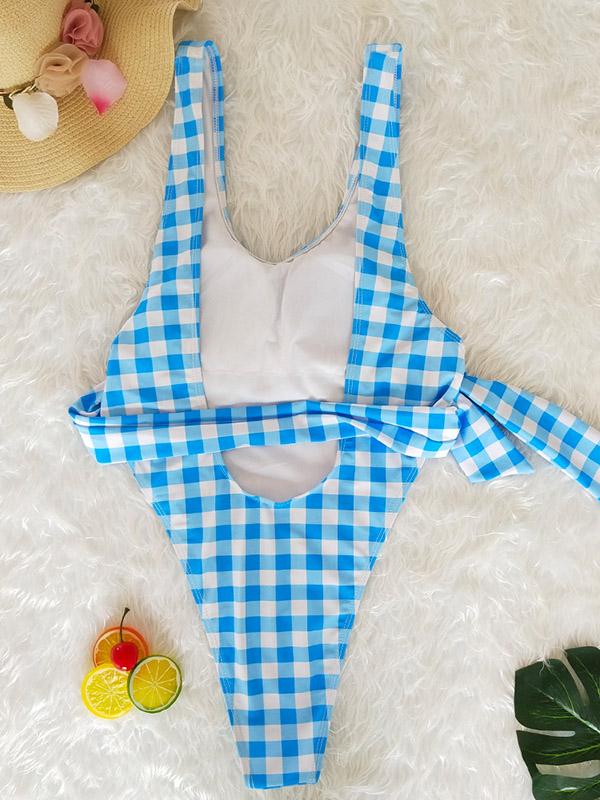 Plaid Bandage Backless One Piece Swimwear
