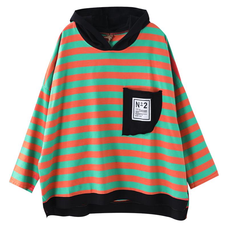 Buykud Loose Literary Patchwork Striped Pullover Hoodie