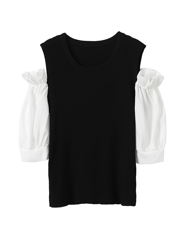 Original Contrast Color Puff Sleeves Cold Shoulder T-Shirt Top