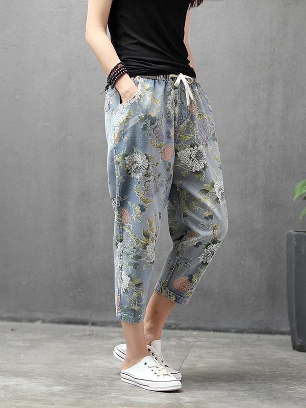 Vintage Summer Loose Printed Jean Pants Shorts