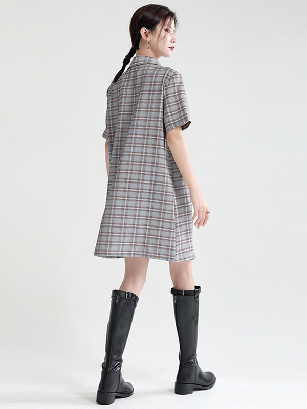 Urban Asymmetric Plaid Double Breasted Notched Collar Short Sleeves Mini Dress