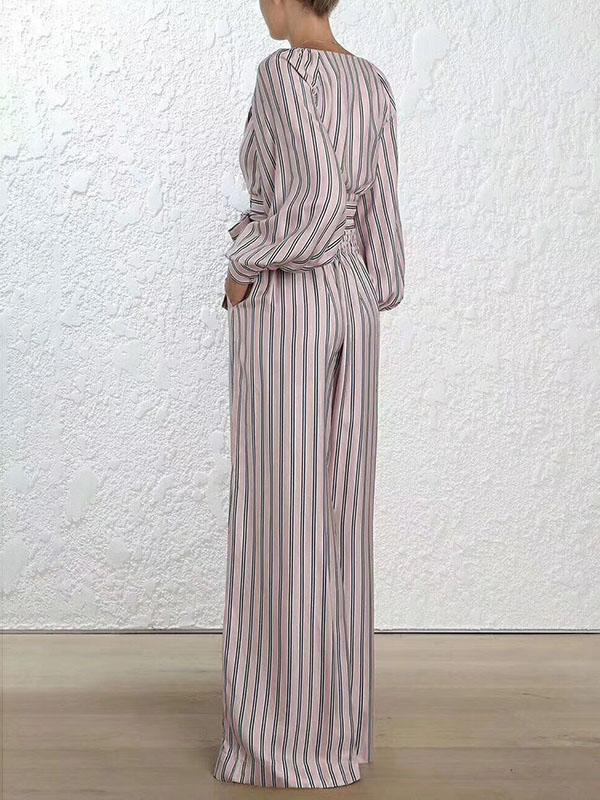 Fashion V-Neck Striped Puff Sleeves T-shirt And Wide Leg Pants Suits