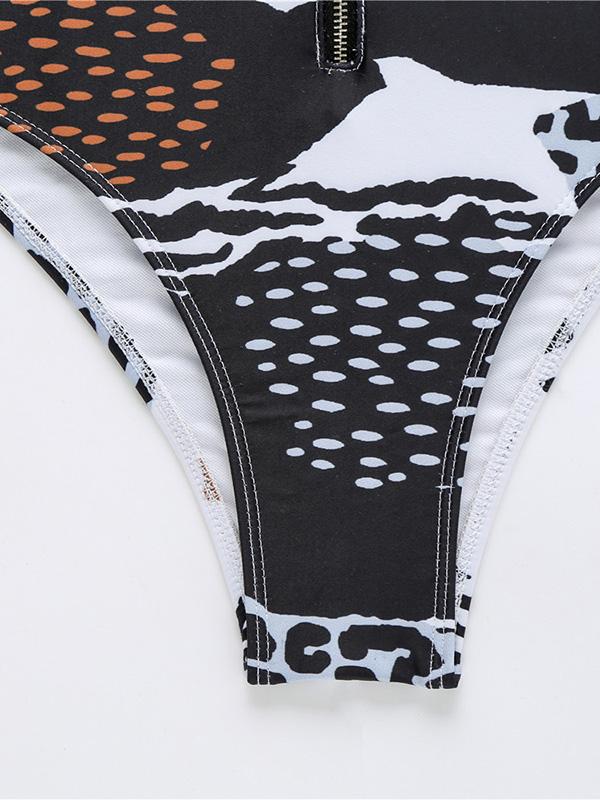 Spaghetti-Neck Printed Hollow One-Piece Swimsuit