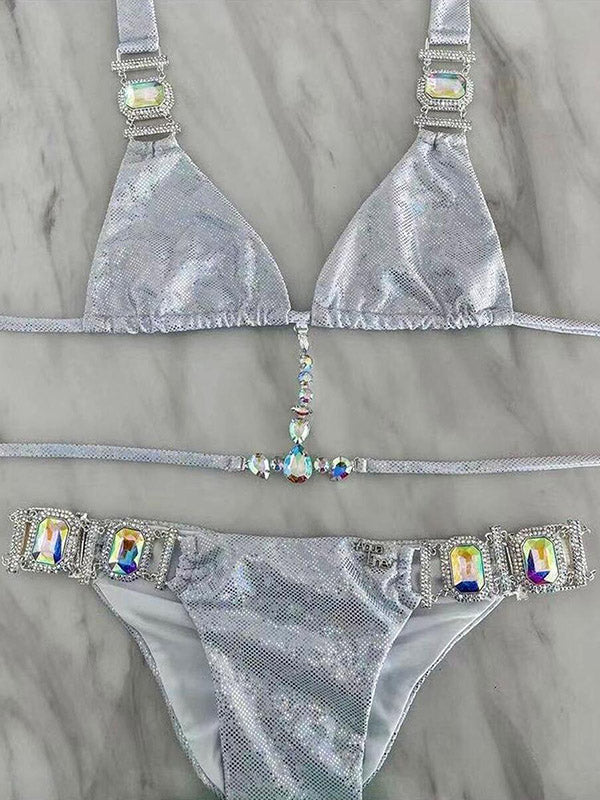 Shiny Crystal Beaded Decorated Bandage Bikini Swimwear