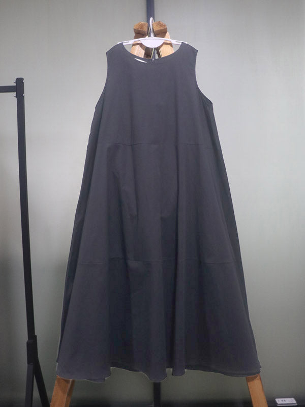 Simple Solid Color Round-Neck Sleeveless Midi Dress