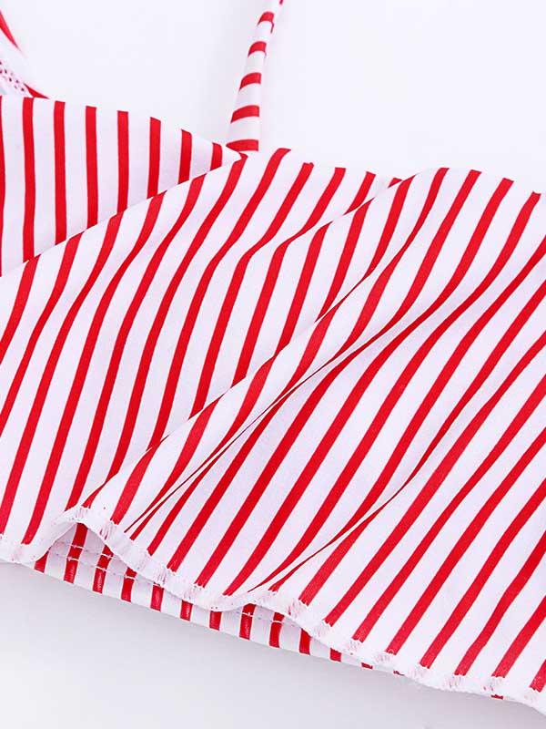 Striped-Print Falbala Split Bikini Swimsuit