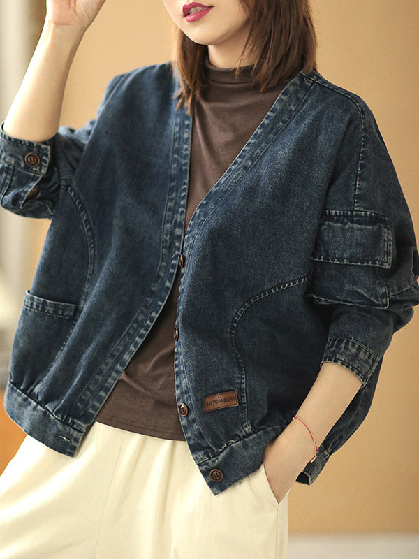 Casual Asymmetric V-Neck Buttoned Batwing Sleeve Jean Outerwear