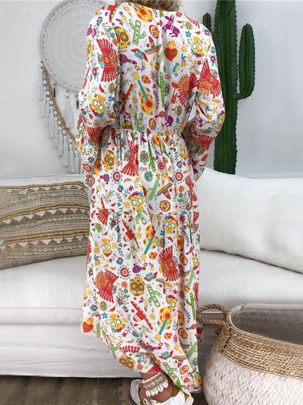 Plus Size Loose Printed Long Sleeve Midi Dress