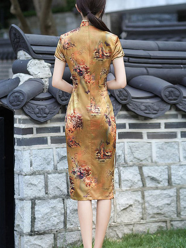 Vintage Satin Split-Side Printed Short Sleeves Stand Collar Short Cheongsams