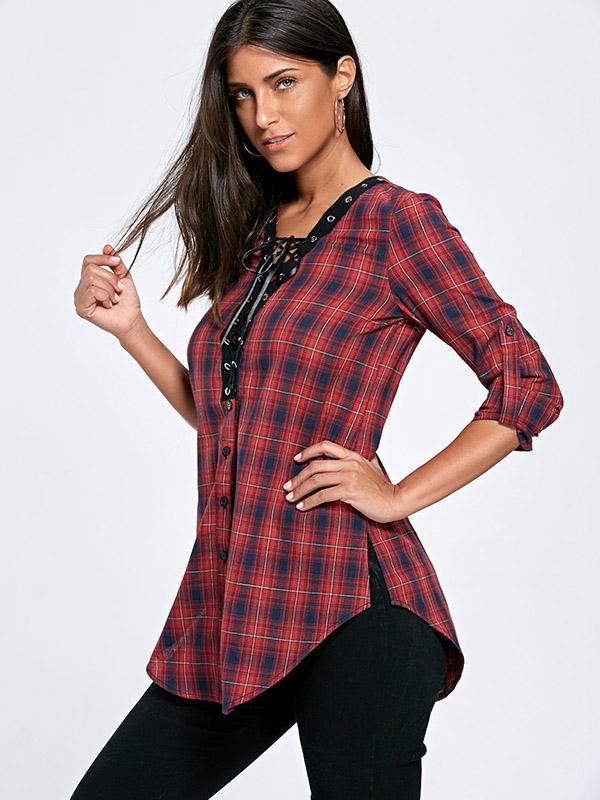 Vintage Bandage Plaid Blouses&Shirts Tops