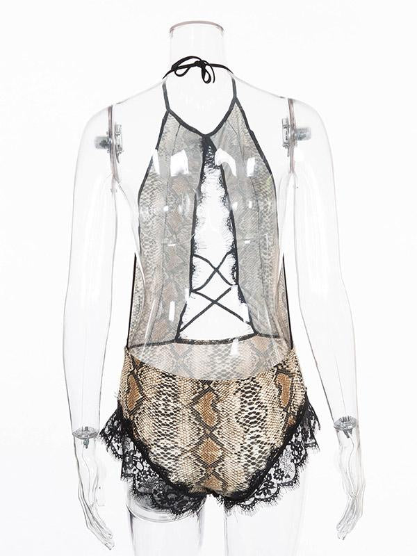 Sexy Leopard Print Lace Bandage Bodysuit Lingerie