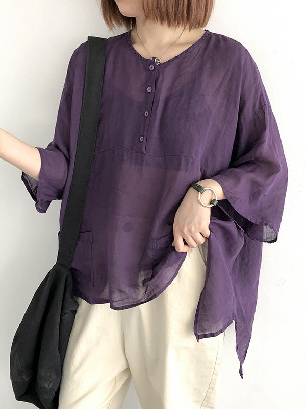 Simple Casual Loose Solid Color Ramie Cotton T-Shirt Top