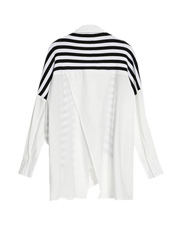 Stylish Asymmetric Split-Joint Striped High-Low Irregular Clipping Split-Back Blouse