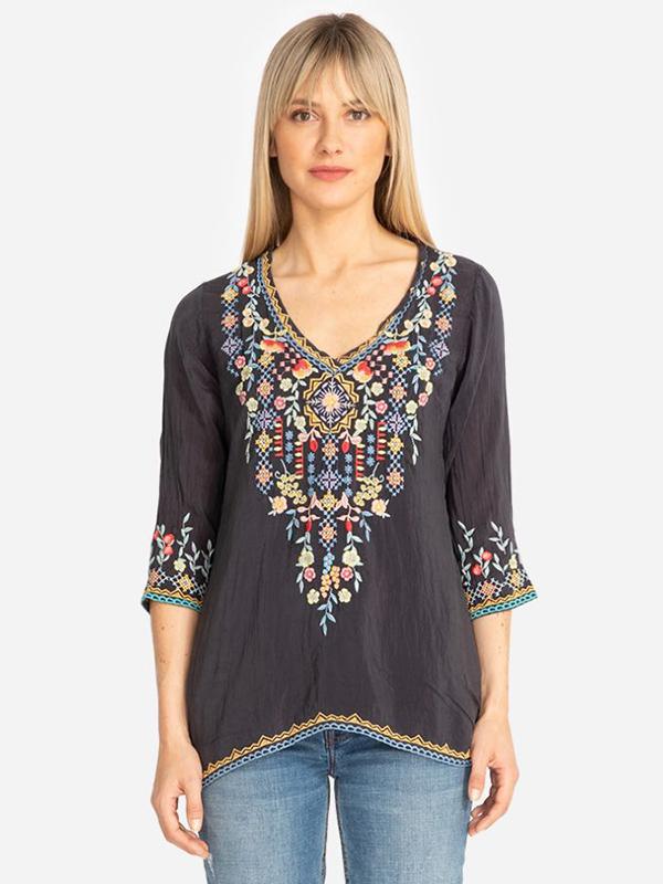 Exquisite Floral Embroidery Medium Sleeves Blouses