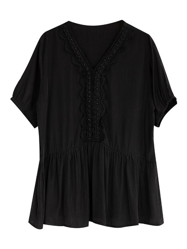 Casual Solid Color Split-Joint Lace Pleated Beaded V-Neck Elasticity Short Sleeves T-Shirt