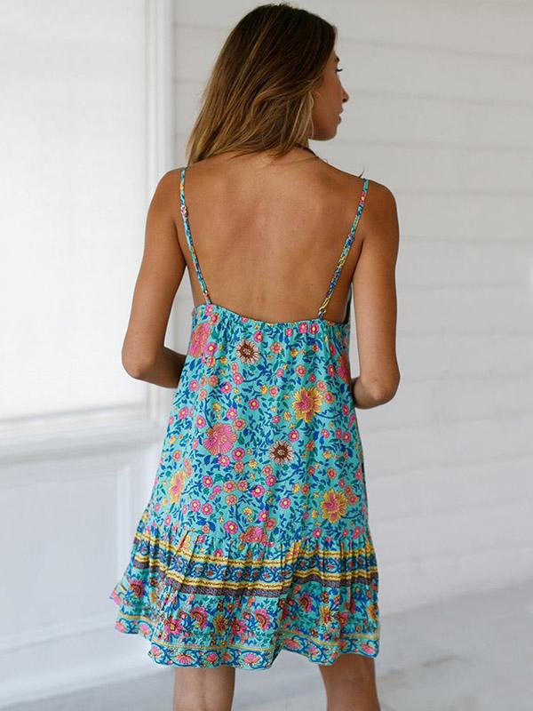 Printed Falbala Hem Condole Belt Mini Dress