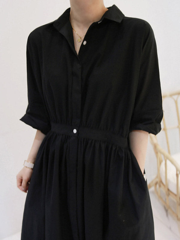Casual Loose Solid Color Buttoned Pleated Lapel Collar Raglan Sleeves Midi Shirt Dress