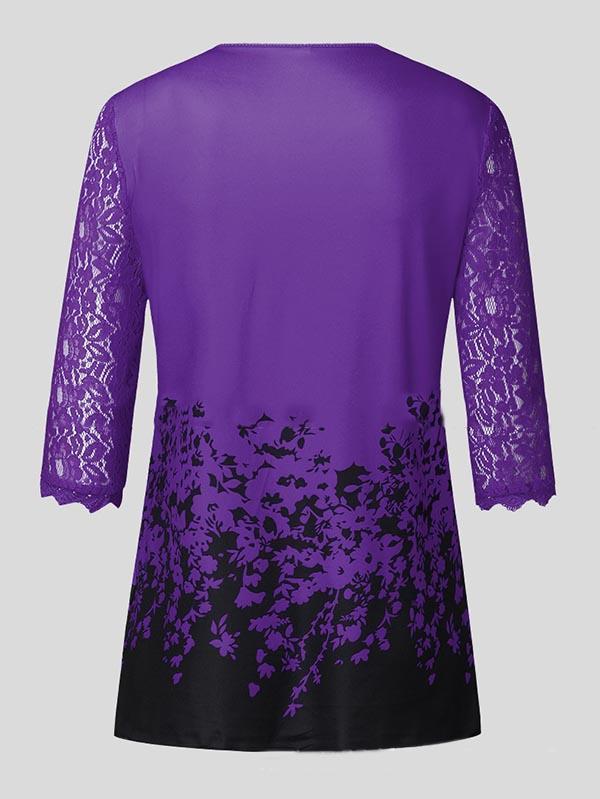 V-Neck Elbow Sleeves Lace Printed Loose Blouse