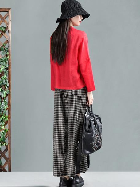 Leisure Ramie Cotton Plaid Wide-leg Pants