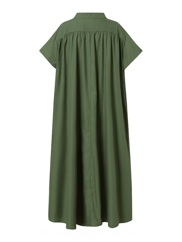 Urban Solid Color Split-Joint Pleated Short Sleeves Stand Collar Maxi Dress