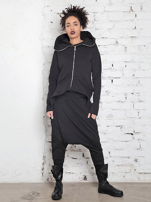 Original Solid Color Zipper High-Neck Hooded Long Sleeves Outwear