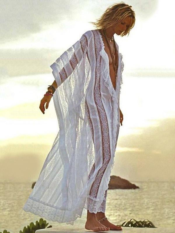 Striped Hollow V-neck Cover-up Swimwear