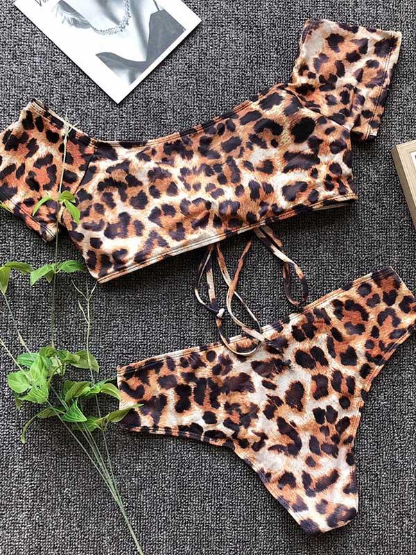 Leopard Print High Waisted Bikini Swimsuit