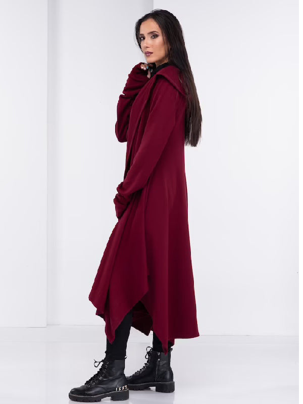 Simple Loose Coffee&Burgundy Split-Side Long Sleeves Hooded Outerwear