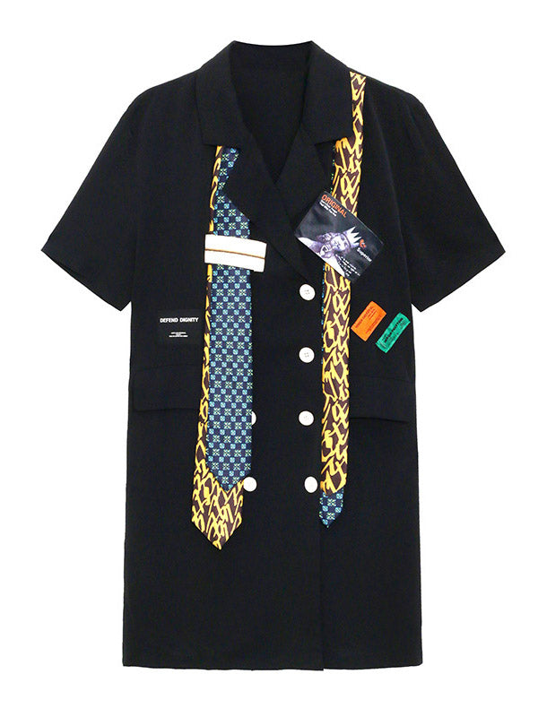 Stylish Buttoned Tie Split-Joint With Pocket Applique Notched Collar Short Sleeves Mini Shirt Dress