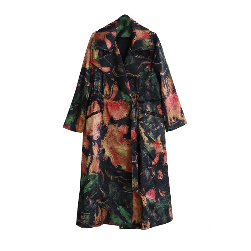 Buykud Fashion Printed Lacing Casual Loose Trench Coat