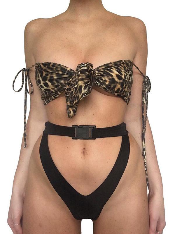 Snake-Print Bandeau Knotted Split Bikini Swimsuit