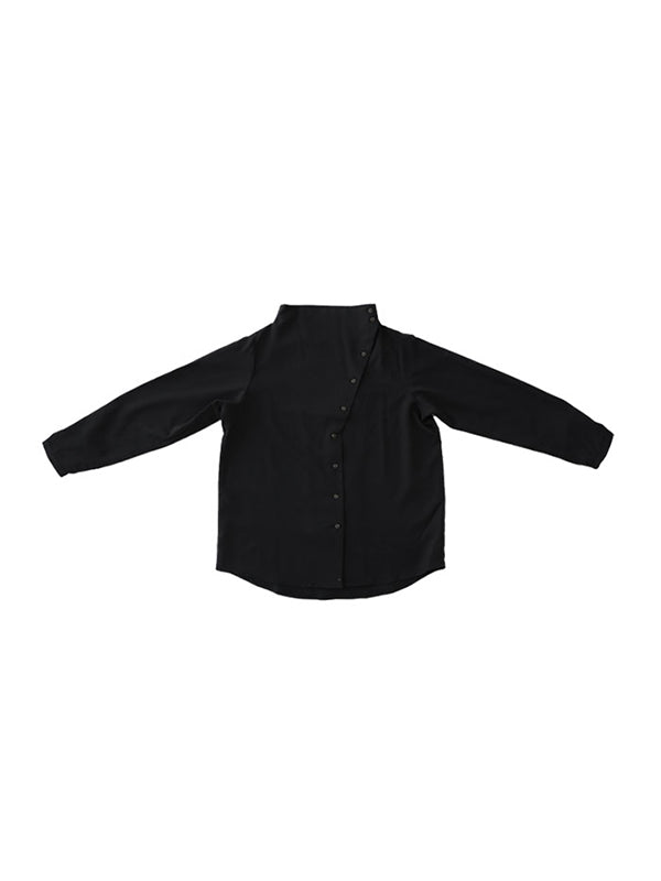 Loose Casual Solid Color Buttoned High-Neck Long Sleeves Blouse