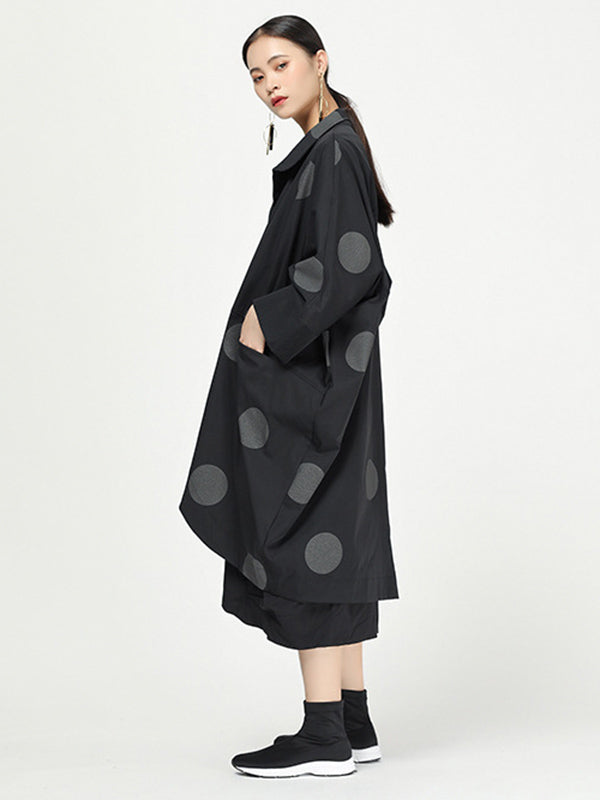 Vintage Polka-Dot Lapel Buttoned Loose Batwing Sleeve Outerwear