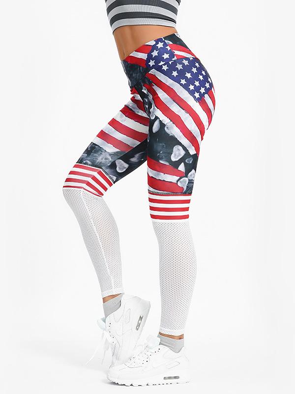 Flag Printed Color-Block Hole Yoga Leggings